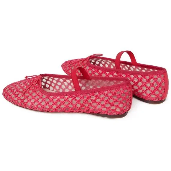 Loeffler Randall Leonie Mary Jane Ballet Flats Size 8 Red Raffia Mesh Bow NEW - Picture 5 of 16